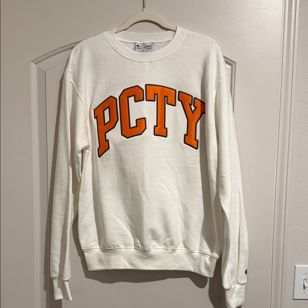 Champion Men's Paylocity brandedWhite Sweater with Orange Lettering